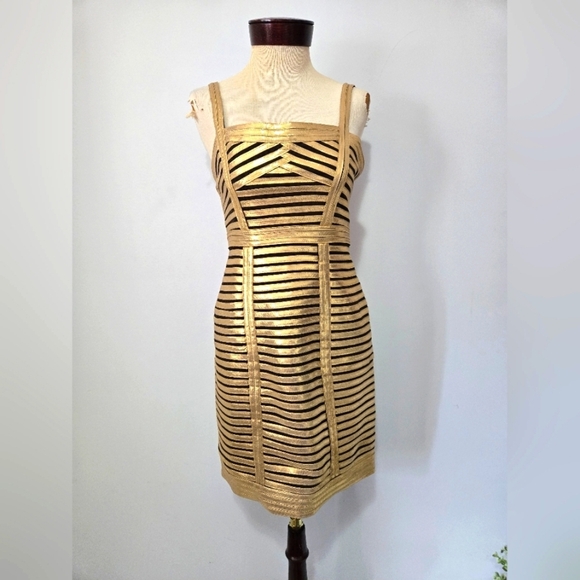 BCBGMaxAzria Dresses & Skirts - BCBG MAXAZARIA Gold And Black Striped Sleeveless Mini Dress. Size 6